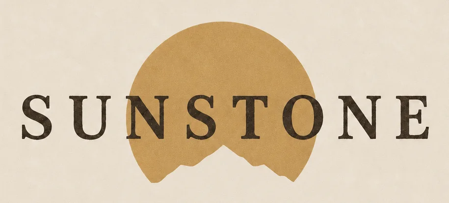 Sunstone logo option 2: gold sun disc with mountain notch, wordmark through centre