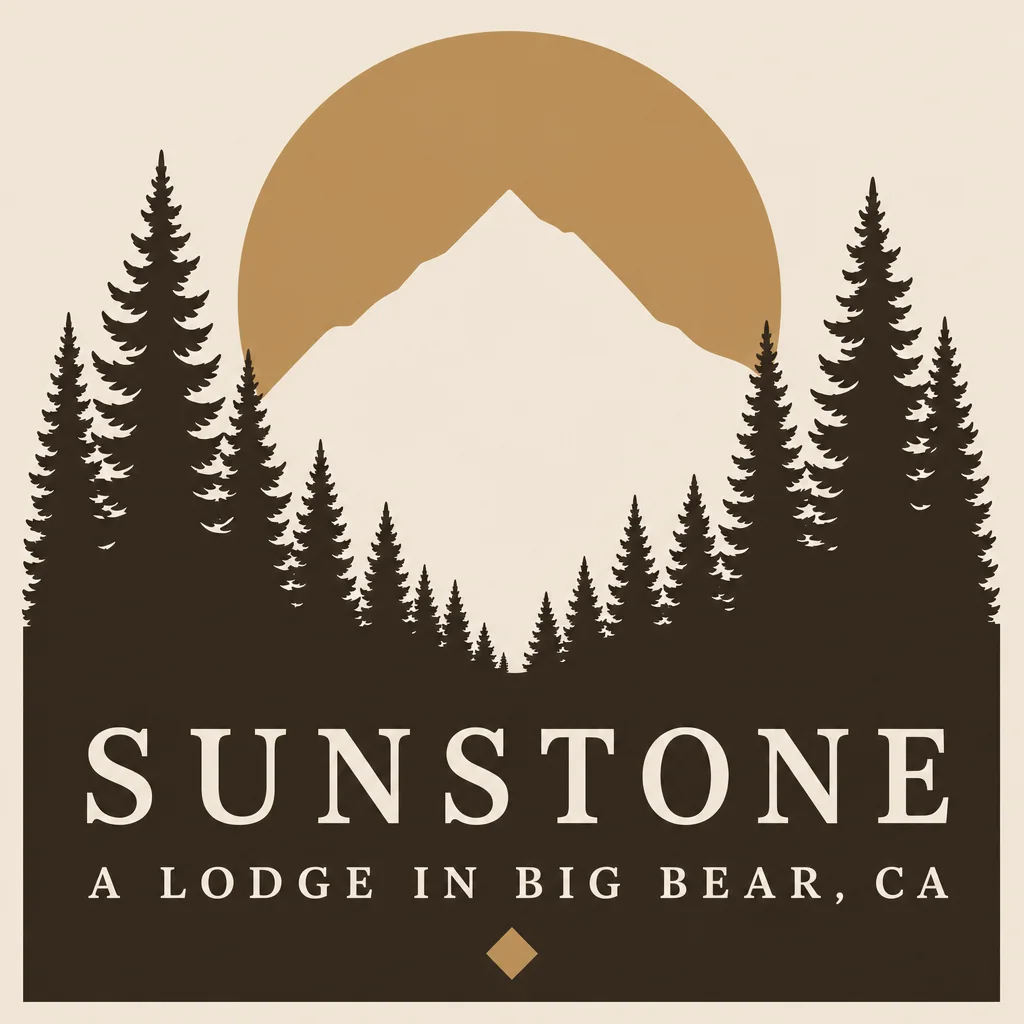 Sunstone logo option 3: full illustrated badge: pines, mountain, sun, dark base panel